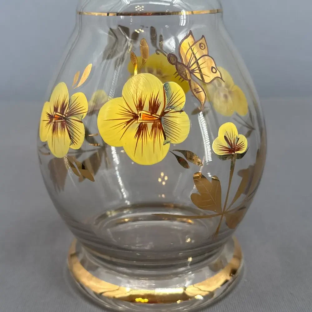 VTG Wine Decanter 15 Floral Hand Painted Romanian Crystal Gold Yellow MCM Carafe